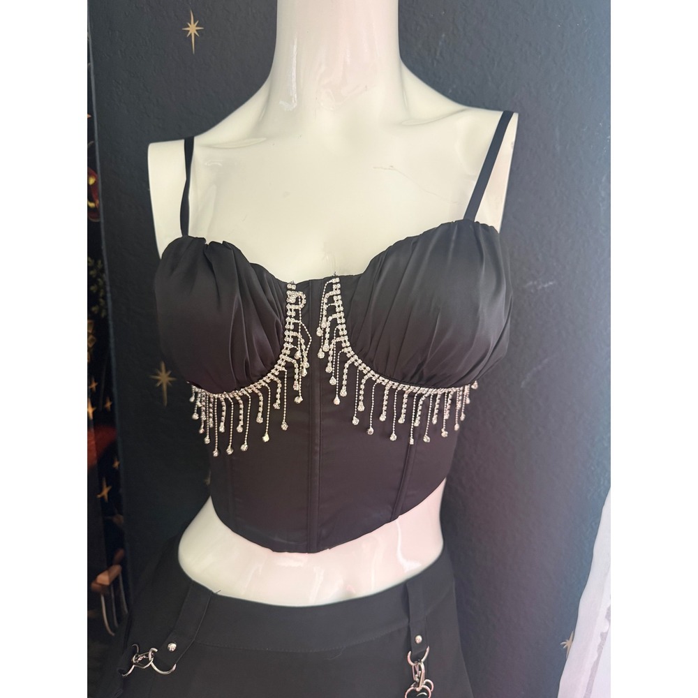 Julia by Love J Black Rhinestone Fringe Corset Crop Top Small Satin Bustier